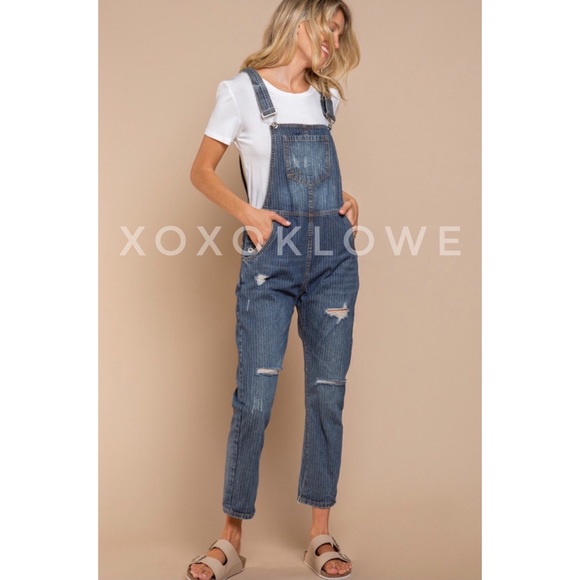 POL Retro 90’s Denim Overalls Grunge Distressed Dark Wash - Picture 11 of 12